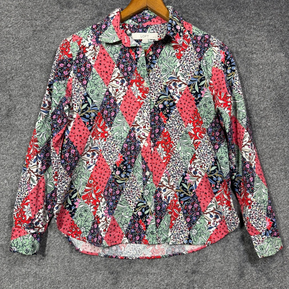 Loft Top Petites Womens XSP Floral Patchwork Button Down Shirt Red Green